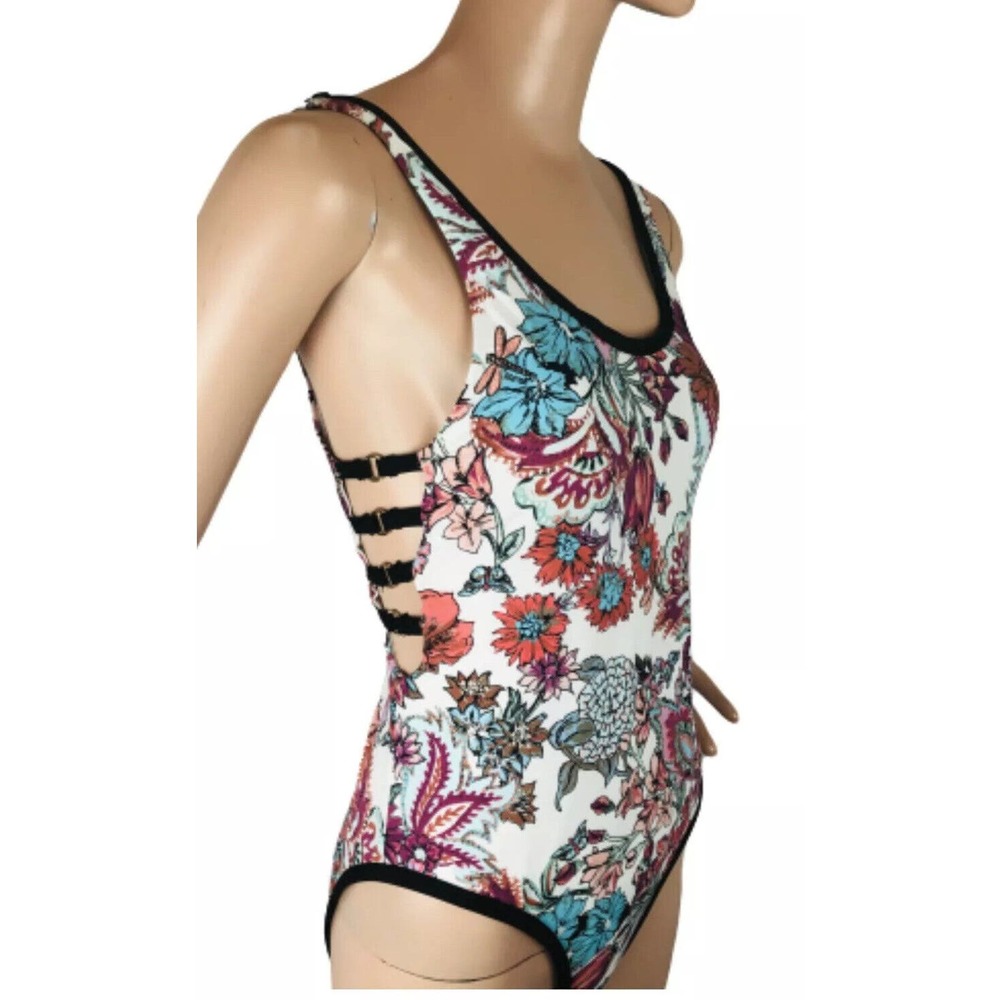 Gibson Latimer One Piece Swimsuit NEW Sz Med Side Straps Black Pink Floral
